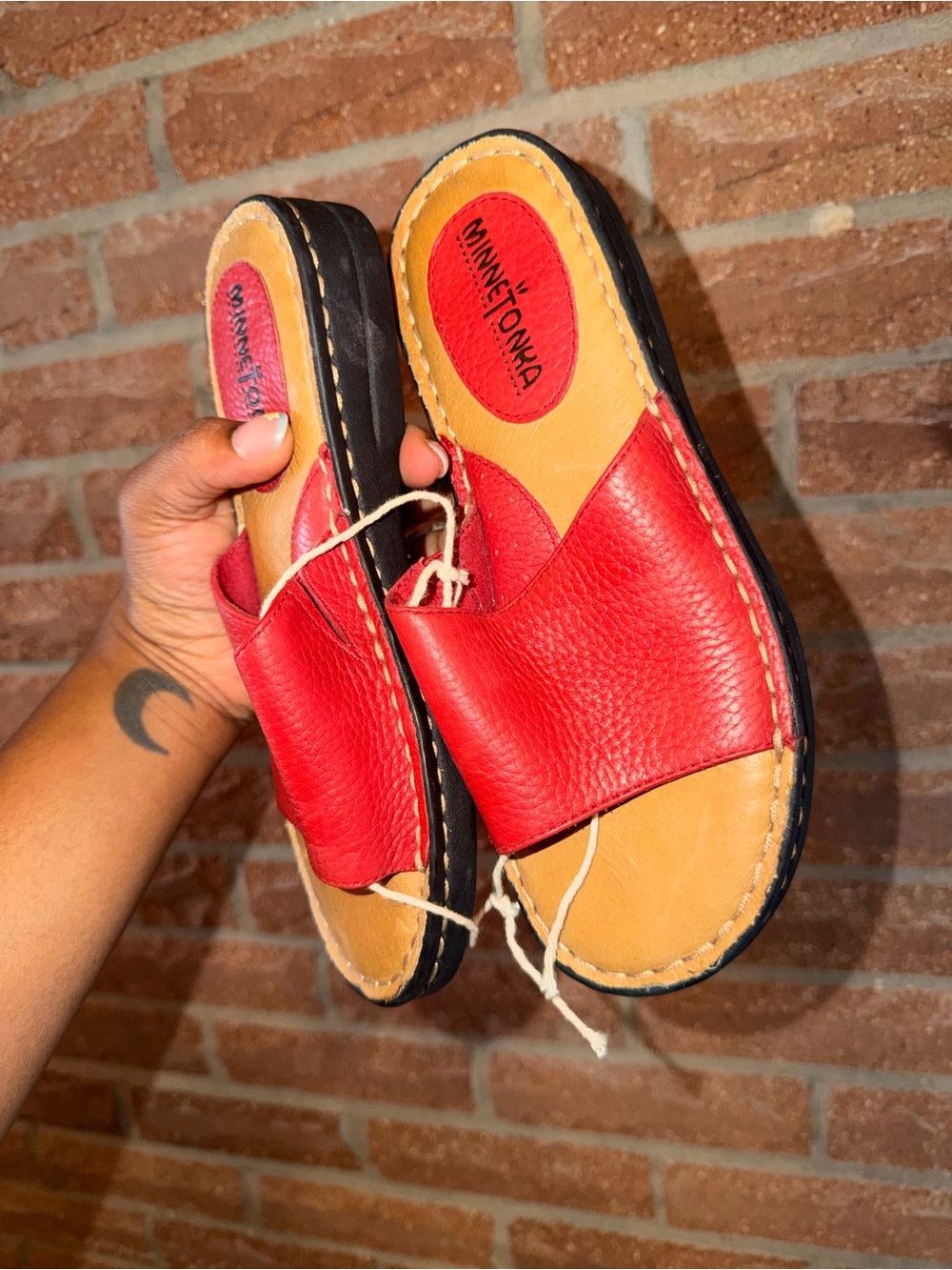 Minnetonka Red Leather Slide Sandals with Tan Footbed